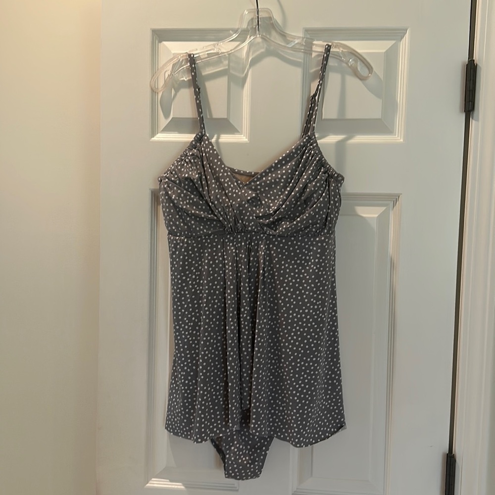 Garnet Hill Ruched-Overlay Gray Dotted One Piece Swim sz14